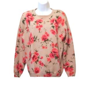 Grandmacore Floral Crewneck Sweater with Tiny Sparkly Beading Tan and Pink M